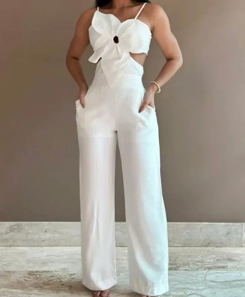 Women Sleeveless Floral Solid Color Sexy Fashion Jumpsuit