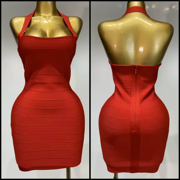 Women Red Sexy Halter Sleeveless Bandage Dress