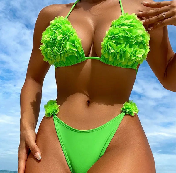 Women Sexy Ruffled Halter Solid Color Bikini Swimsuit