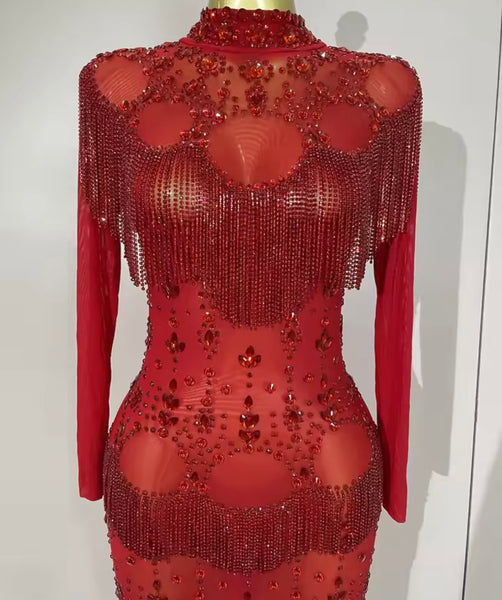 Women Sexy Red Beaded Crystal Tassel Mesh Maxi Dress
