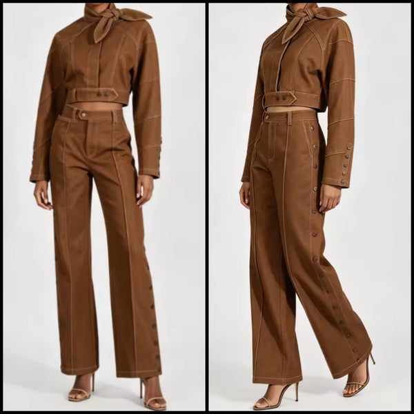 Women Brown Fashion Denim Jacket Button Two Piece Pant Set