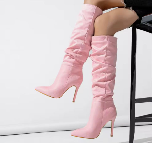 Women Fashion Suede Ruched Knee High Boots