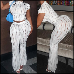 Women White Hollow Out Sexy Short Sleeve Two Piece Pant Set