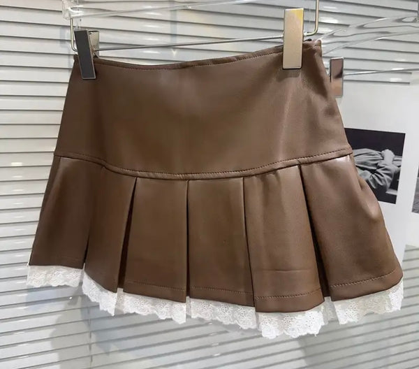 Women Sexy Fashion Faux Leather Lace Patchwork Pleated Skirt