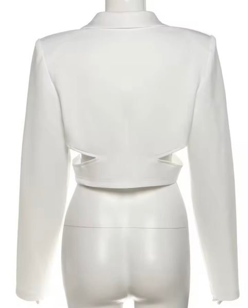 Women White Button Up Full Sleeve Cut Out Crop Blazer Top