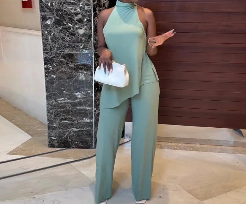 Women Solid Color Asymmetrical Sleeveless Two Piece Pant Set