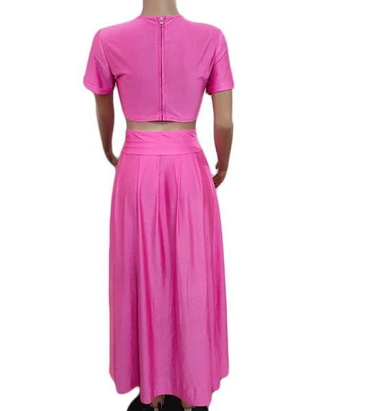 Women Fashion Short Sleeve Solid Color Two Piece Maxi Skirt Set