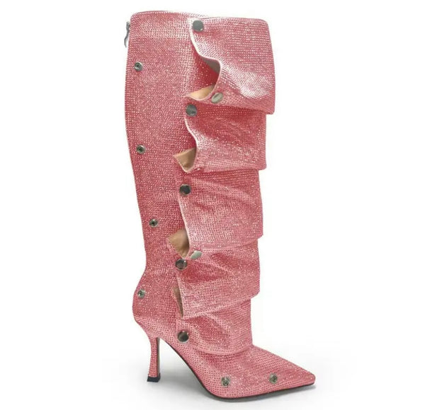 Women Fashion Pointed Toe Bling Button Knee High Boots