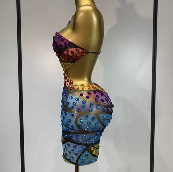 Women Sexy Sleeveless Open Back Colorful Rhinestone Dress