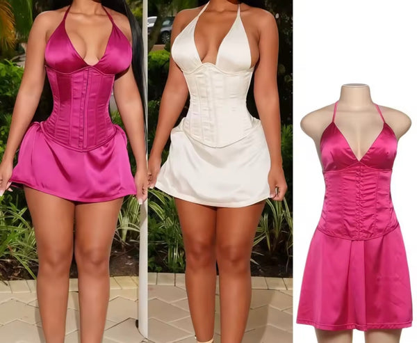 Women Color Sexy Satin Halter Sleeveless Corset Dress