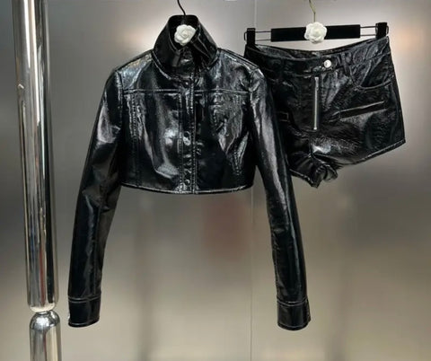 Women Black PU Fashion Two Piece Jacket Short Set