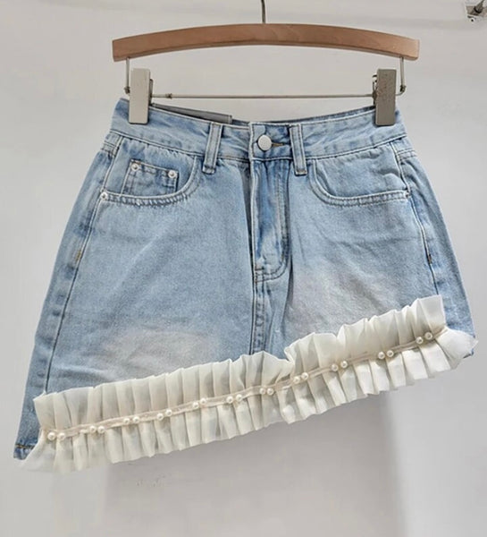 Women Fashion Ruffled Pearl Asymmetrical Denim Skirt