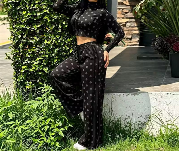 Women Polka Dot Turtleneck Full Sleeve Two Piece Pant Set