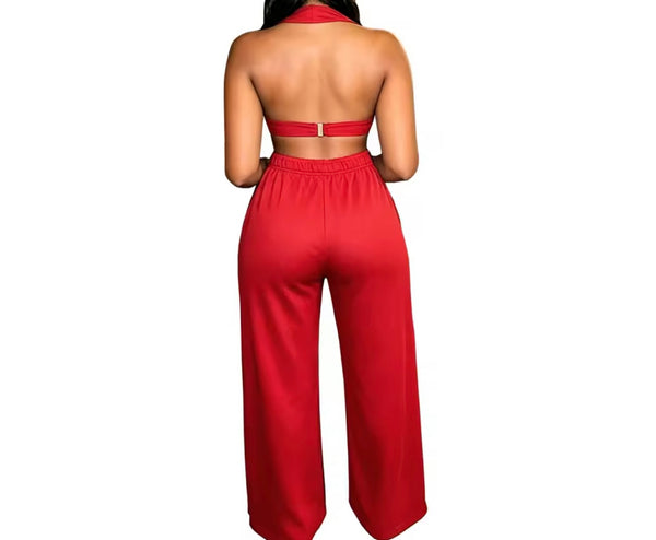 Women Fashion Halter Sleeveless Metal Ring Two Piece Pant Set