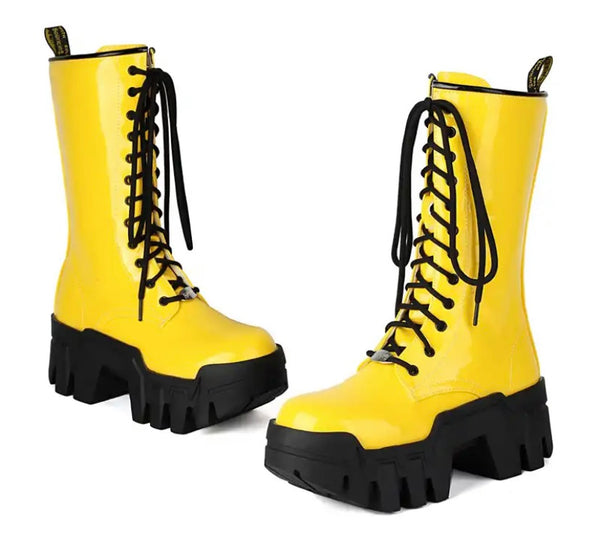 Women Fashion Color Patent Leather Lace Up Boots