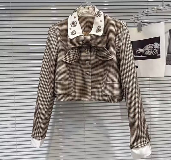 Women Bling Collar Bow Khaki Plaid Two Piece Short Set