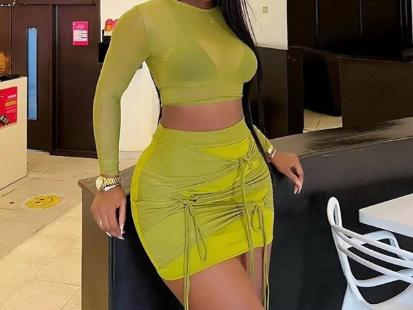 Women Sexy Mesh Full Sleeve Tie Up Two Piece Skirt Set