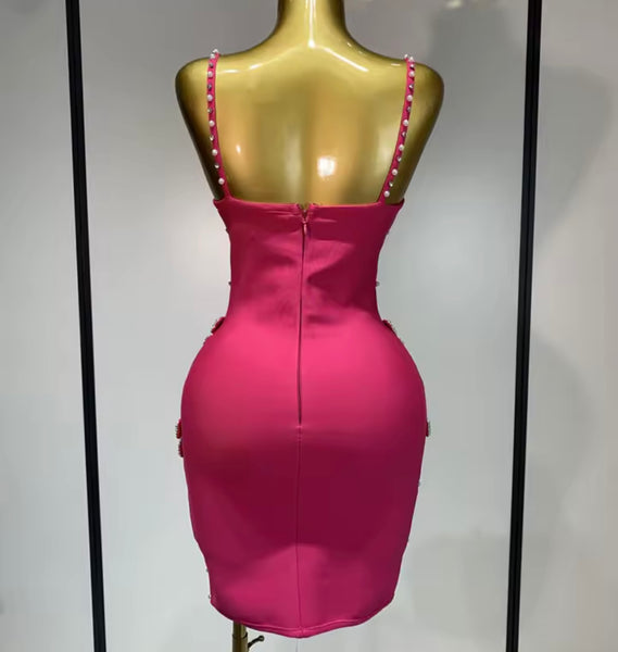 Women Pink Beaded Bow Sexy Sleeveless Dress