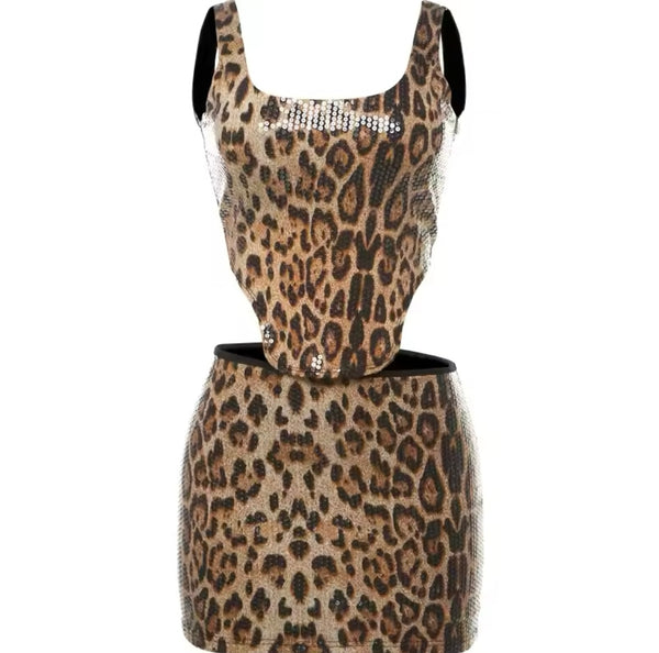 Women Sexy Sleeveless Sequins Leopard Two Piece Skirt Set