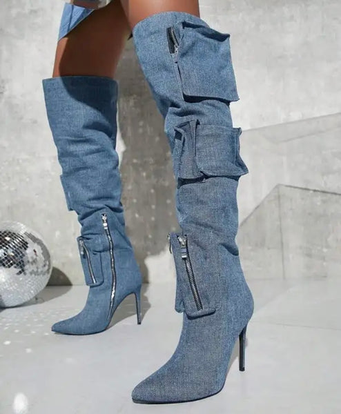 Women Fashion Zipper Pocket Knee High Boots