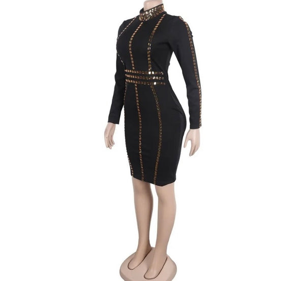 Women Sexy Full Sleeve Black Gold Rivet Patchwork Dress
