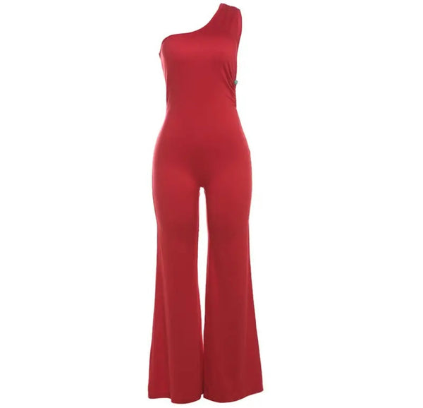 Women Sexy Solid Color One Shoulder Sleeveless Jumpsuit