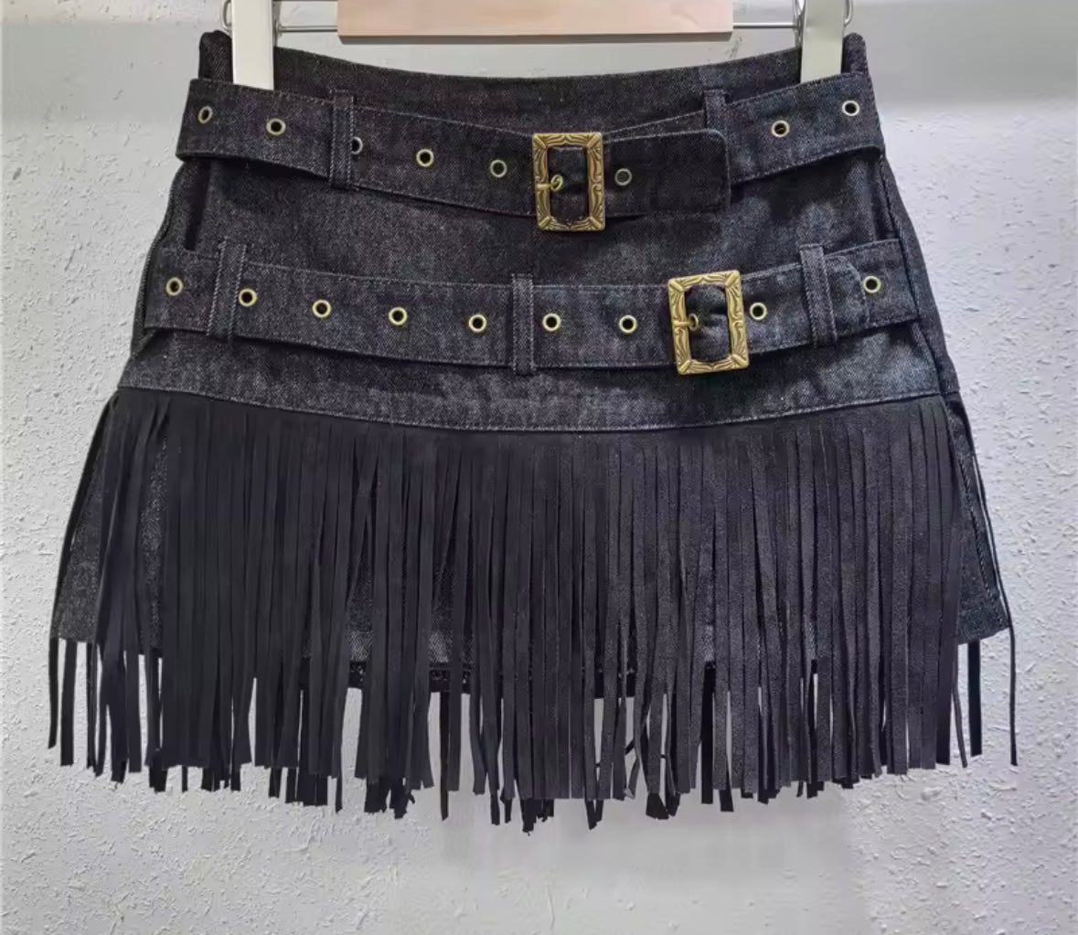 Women Fashion Buckled Fringe Tassel Denim Skirt
