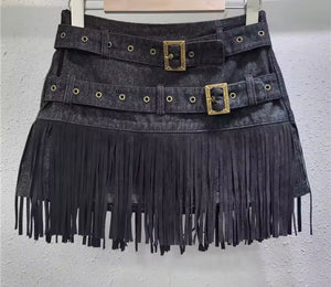Women Fashion Buckled Fringe Tassel Denim Skirt