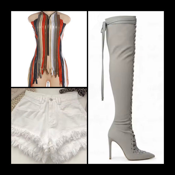 Women Fashion Pointed Toe Lace Up Suede Knee High Boots