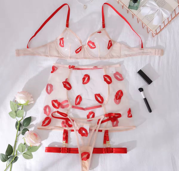 Women Sexy Lip Print Mesh Lingerie Set