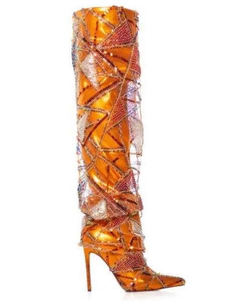 Women Fashion Orange Bling Patchwork Over The Knee Boots