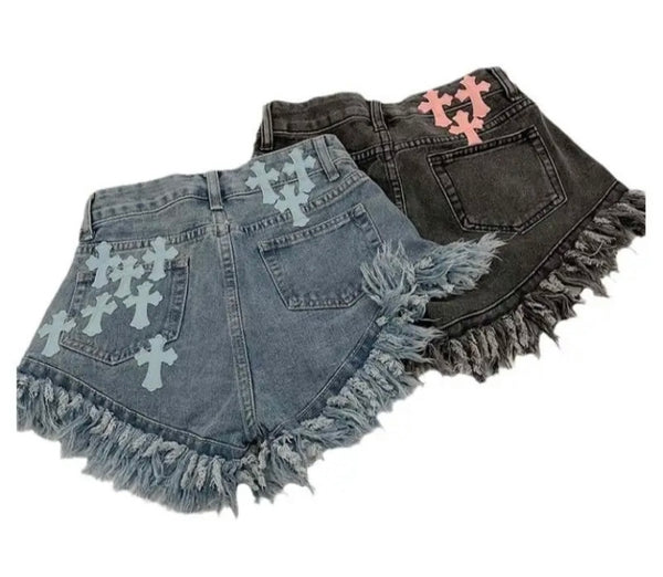 Women Fashion Fringe Color Cross Denim Shorts