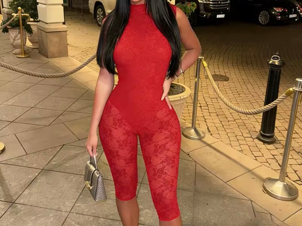 Women Sexy Sleeveless Open Back Lace Romper
