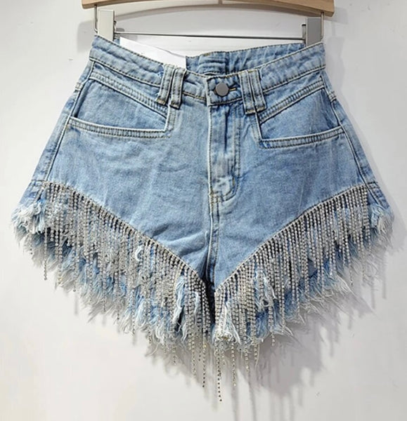 Women Fashion Color Rhinestone Tassel Denim Shorts