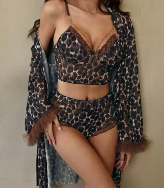 Women Sexy Brown Leopard Print Three Piece Lingerie Set