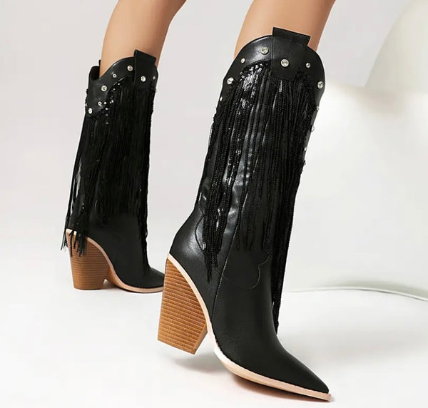 Women Fashion Bling Tassel Western Boots