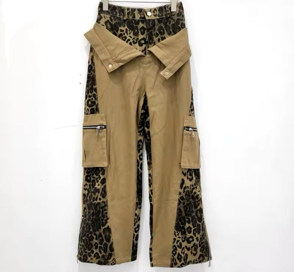 Women Fashion Khaki Leopard Patchwork Cargo Denim Pants