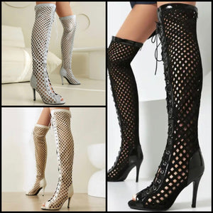 Women Fashion Open Toe Lace Up Hollow Out Knee High Boots