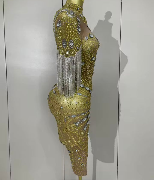 Women Sexy Short Sleeve Rhinestone Tassel Mesh Dress