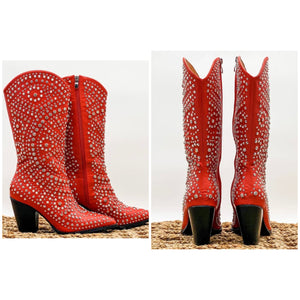 Women Fashion Red Rivet Knee High Western Boots