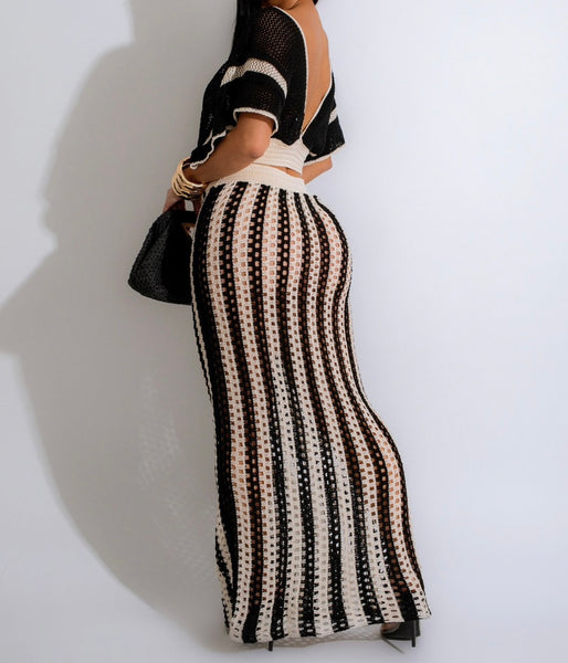 Women Sexy Color Patchwork Short Sleeve Knitted Two Piece Maxi Skirt Set
