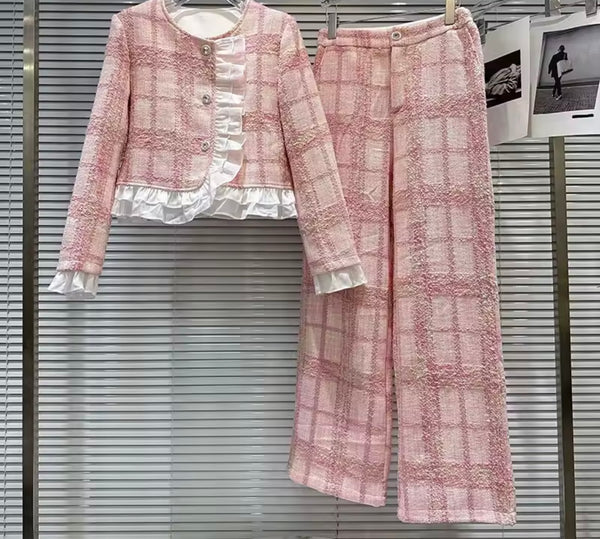 Women Pink Plaid Ruffled Blazer Tweed Two Piece Pant Set