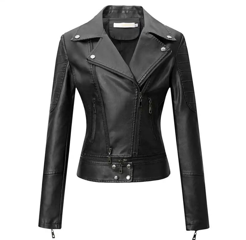 Women Fashion Color Patchwork Faux Leather Jacket