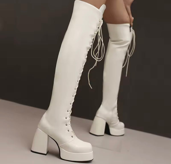 Women Fashion Patent Leather Lace Up Knee High Boots