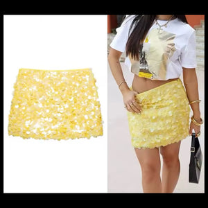 Women Sexy Fashion Yellow Sequins Skirt