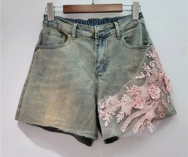 Women Fashion Pink Floral Patchwork Denim Shorts