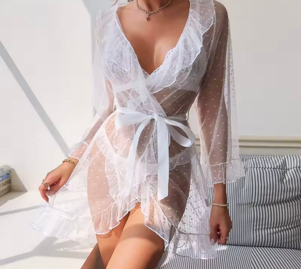 Women Sexy Lace Mesh Robe Lingerie Set