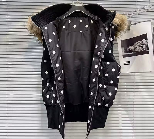 Women B&W Polka Dot Fur Hooded Zip Up Puff Vest Jacket