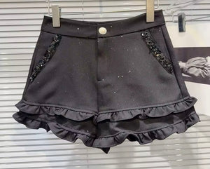 Women Color Fashion Bling Pocket Ruffled Shorts