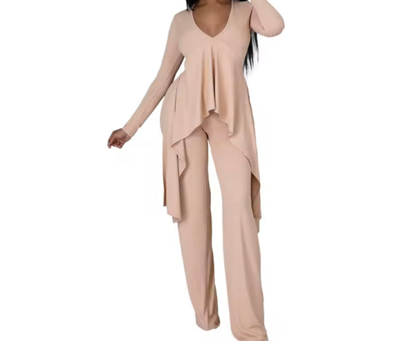 Women Ribbed Asymmetrical Full Sleeve Two Piece Fashion Pant Set
